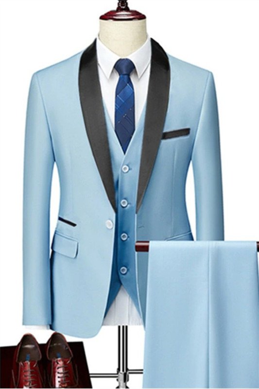Lou Chic Baby Blue Shawl Lapel Three Pieces Men Wedding Suits