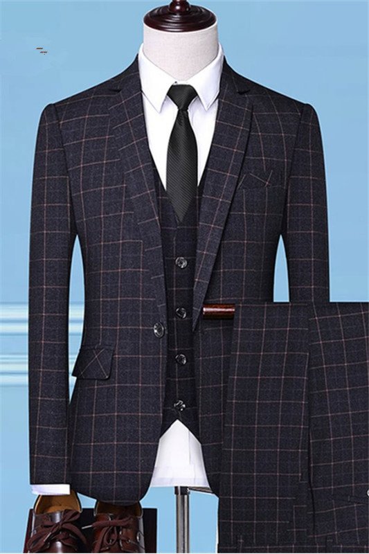 Aiden Dark Gray Plaid Fashion Three Pieces Men Suits
