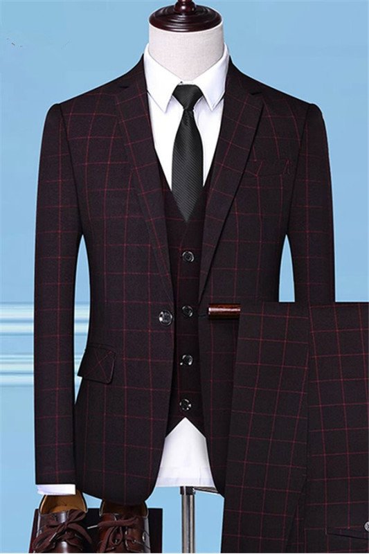 Elijah Modern Burgundy Plaid Three Pieces Men Suits for Business