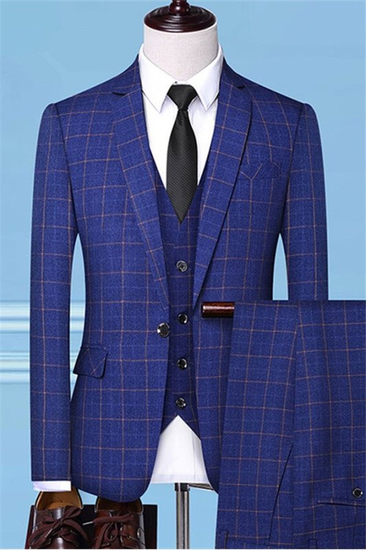 Gabriel New Arrival Blue Plaid Three Pieces Slim Fit Men Suits