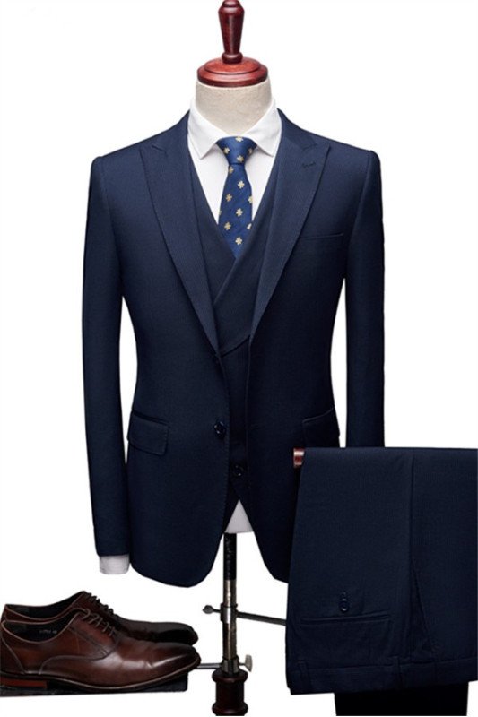 Dylan Navy Blue Peaked Lapel Three Pieces Chic Men Suits