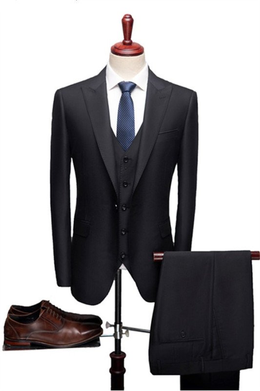 Benjamin Fashion Black Slim Fit Peaked Lapel Three Pieces Men Suits