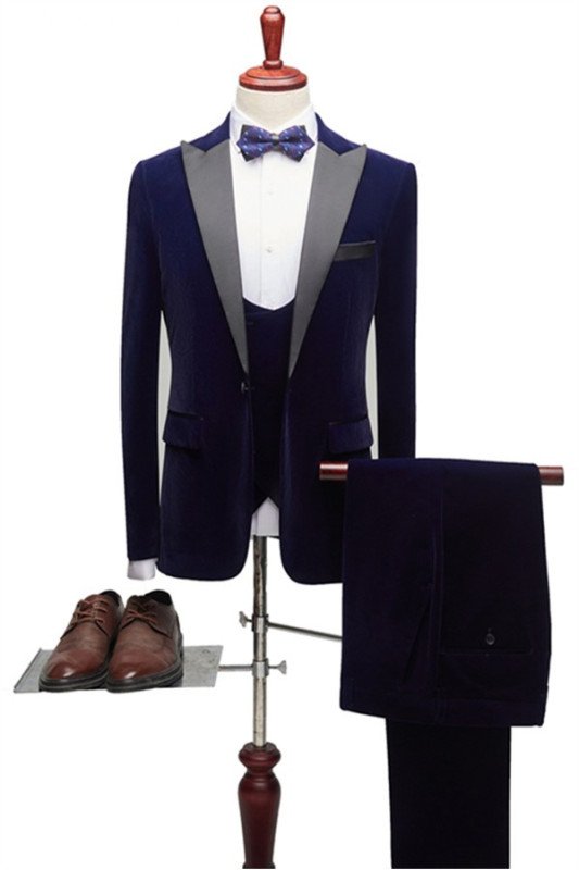 Nicholas New Arrival Dark Navy Velvet Three Pieces Men Suits