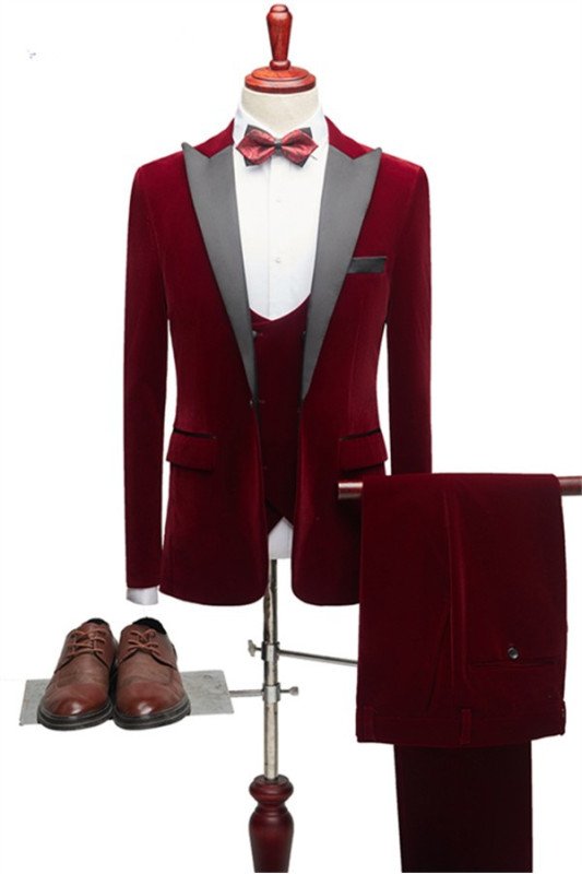 James Stylsih Red Peaked Lapel Three Pieces Velvet Bespoke Men Suits