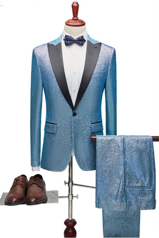 Sparkly Blue Sequins Peaked Lapel One Button Men Suits for Prom