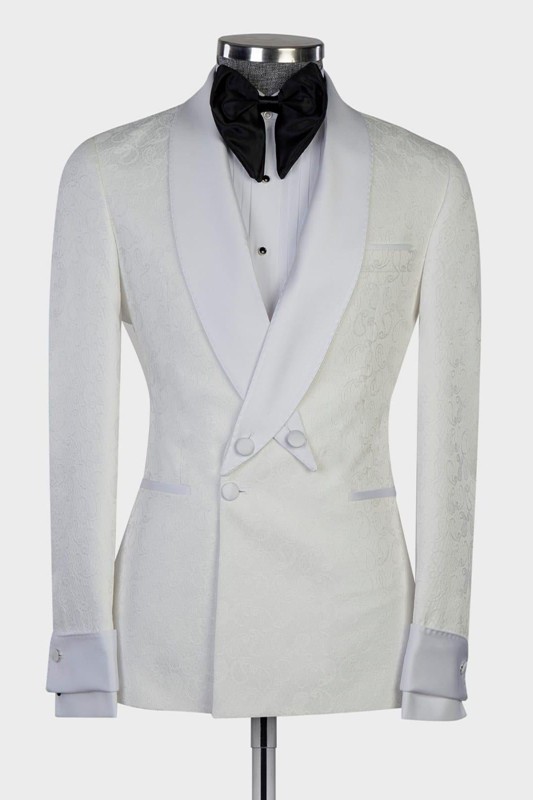 Andrew New Arrival White Shawl Lapel Jacquard Wedding Suit