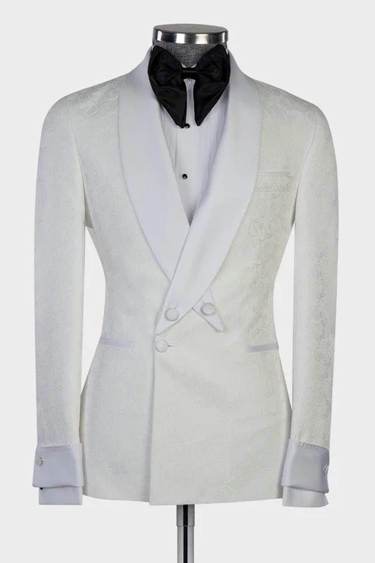 Elegant White Business Suit with Jacquard Shawl Lapel for Men main image 1