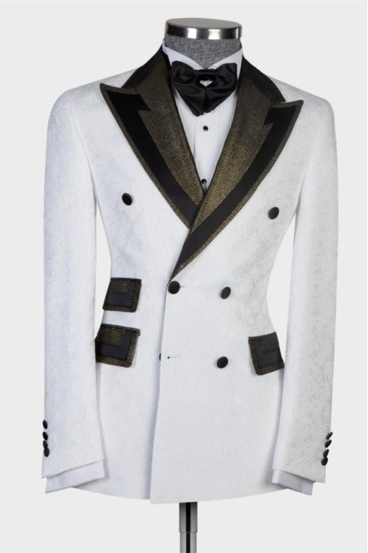 David Double Breasted Jacquard Peaked Lapel White Wedding Suit