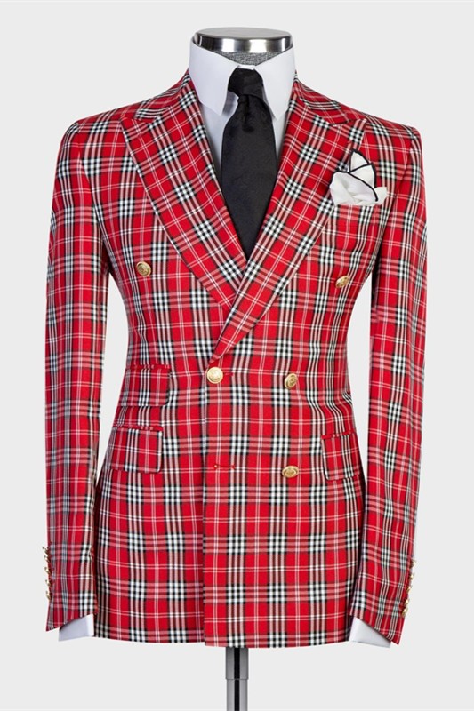 Ryan Bespoke Plaid Double Breasted Peaked Lapel Prom Men Suits