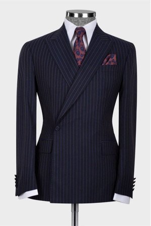 Christian Dark Blue Striped Fashion Peaked Lapel Men Suit for Business