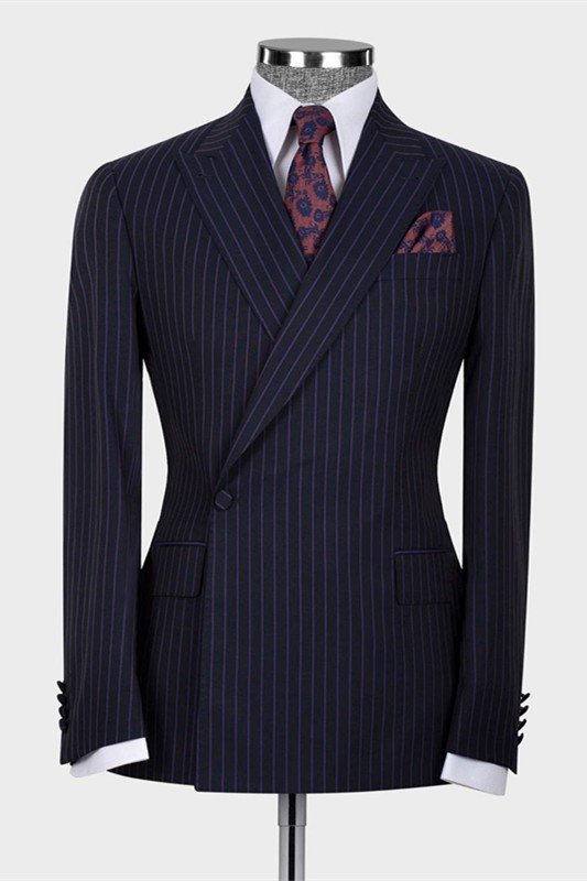 Christian Dark Blue Striped Fashion Peaked Lapel Men Suit for Business