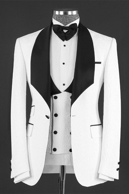 Jonathan Latest White Three Pieces Jacquard Shawl Lapel Wedding Groom Suits