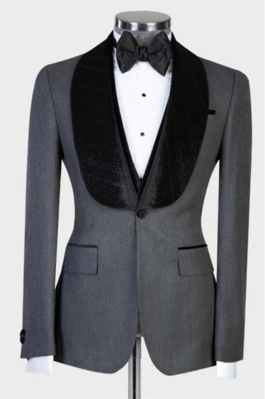 Gabriel Dark Gray Fashion Three Pieces Wedding Suit with Velvet Lapel