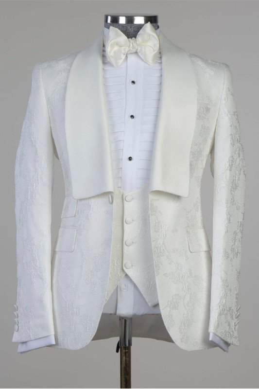 Aiden Classic White Jacquard Best Fitted Wedding Men Suit