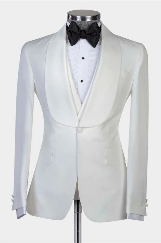 Simple White Three-Piece Wedding Groom Suit Shawl Lapel Prom Outfits