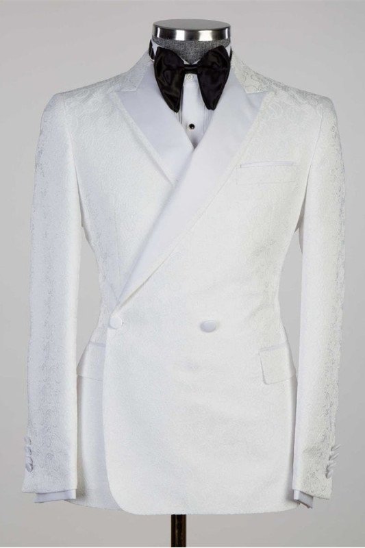 Jack Stylish White Jacquard Peaked Lapel Wedding Men Suit