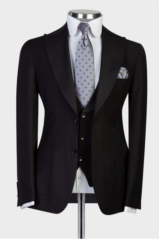 Aidan Simple Black Three Pieces Peaked Lapel Formal Business Suit