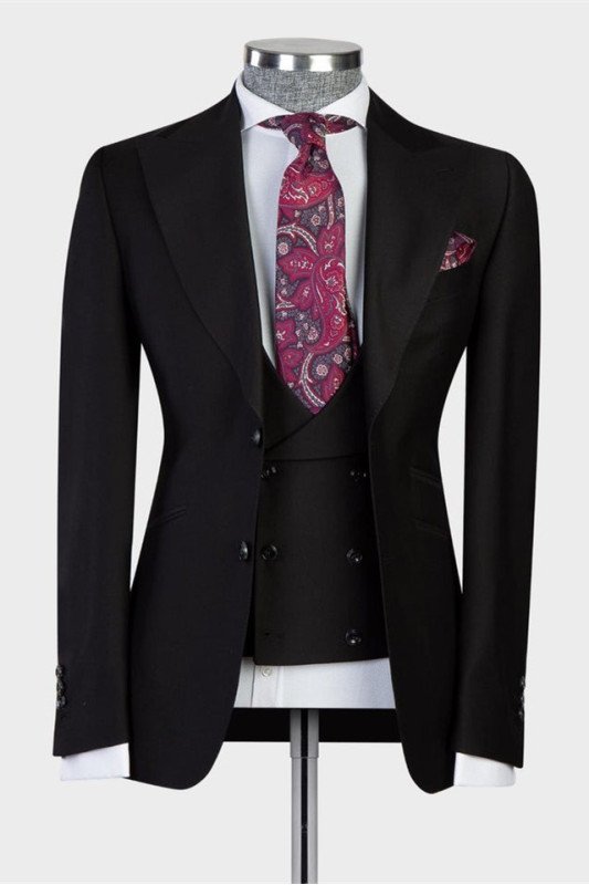 Justin Bespoke Black Peaked Lapel Slim Fit Men Suit for Business