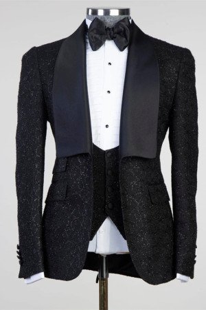 Justin Black Three Pieces Shawl Lapel Best Fitted Bespoke Wedding Suit Justin Black Three Pieces Shawl Lapel Best Fitted Bespoke Wedding Suit