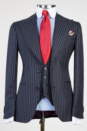 Landon Dark Navy Striped Fashion Three Piece Men Suit Landon Dark Navy Striped Fashion Three Piece Men Suit