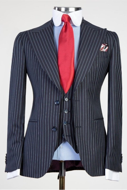 Landon Dark Navy Striped Fashion Three Piece Men Suit