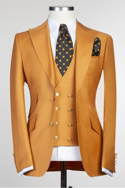Thomas Fashion Gold Brown Three Pieces Peaked Lapel Men Suit