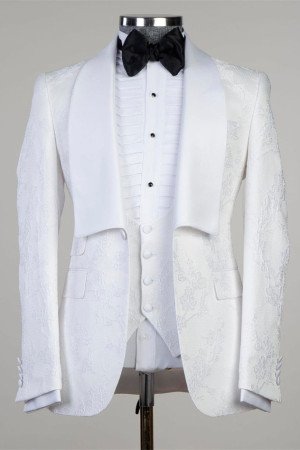 Hunter Classic White Jacquard Slim Fit Shawl Lapel Wedding Suit for Men
