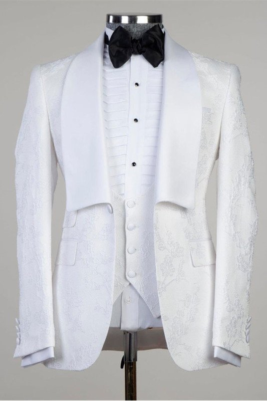 Hunter Classic White Jacquard Slim Fit Shawl Lapel Wedding Suit for Men