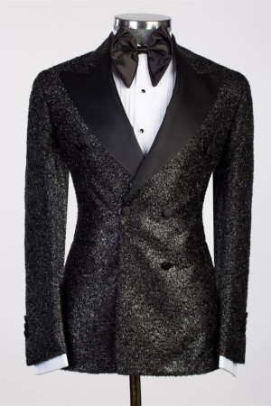 Charles Sparkly Double Breasted Black Peaked Lapel Wedding Suit Charles Sparkly Double Breasted Black Peaked Lapel Wedding Suit