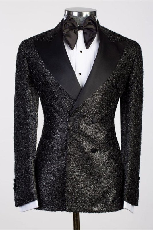 Charles Sparkly Double Breasted Black Peaked Lapel Wedding Suit