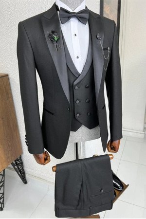 Richard Stylish Black Peaked Lapel 3 Piece Wedding Suit Richard Stylish Black Peaked Lapel 3 Piece Wedding Suit
