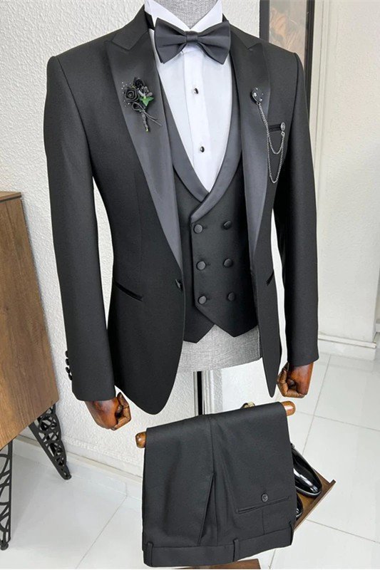 Richard Stylish Black Peaked Lapel 3 Piece Wedding Suit