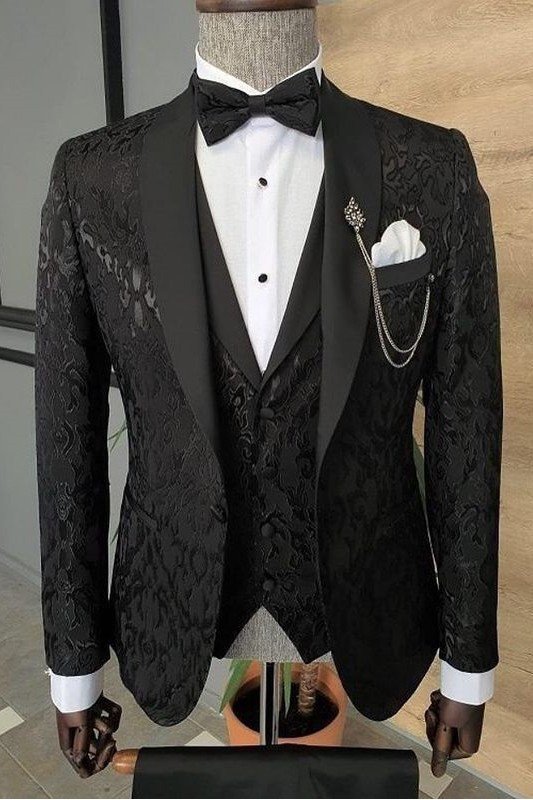Blake Bespoke Black Shawl Lapel Slim Fit Jacquard Three Piece Men Suit