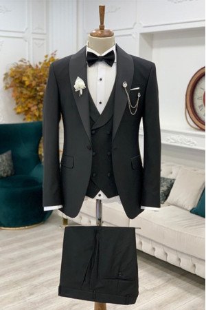 Antonio Chic Black Shawl Lapel One Button Slim Fit Wedding Suit for Men