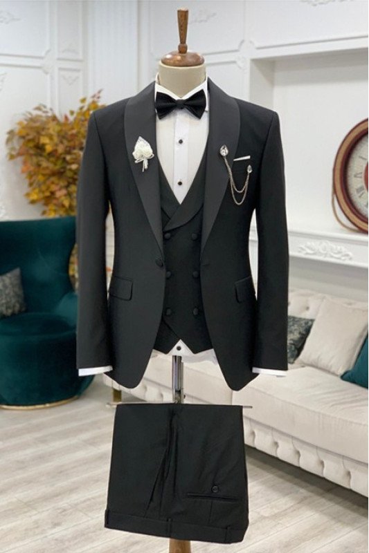 Antonio Chic Black Shawl Lapel One Button Slim Fit Wedding Suit for Men