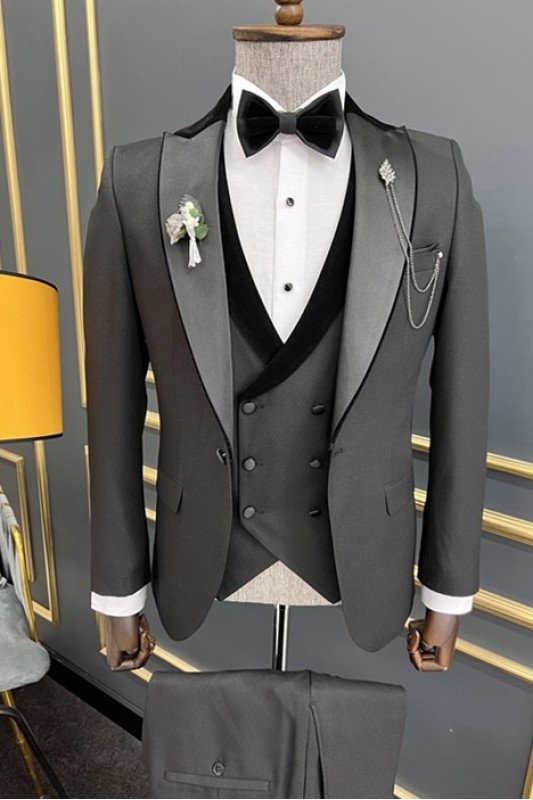 Kaden Dark Gray Peaked Lapel Three Pieces Best Slim Wedding Suit