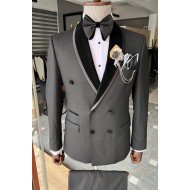 Caden Newest Dark Gray Double Breasted Shwal Lapel Wedding Suit for Men