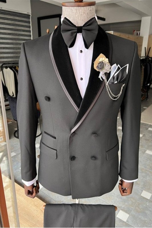 Caden Newest Dark Gray Double Breasted Shwal Lapel Wedding Suit for Men