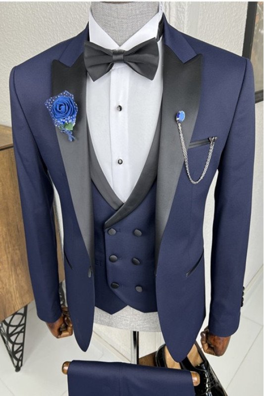 Jaden Dark Navy Fashion Peaked Lapel Slim Fit Men Suit