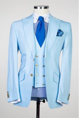Brian Sky Blue Three Pieces Peaked Lapel Best Fitted Prom Suits for Men Brian Sky Blue Three Pieces Peaked Lapel Best Fitted Prom Suits for Men