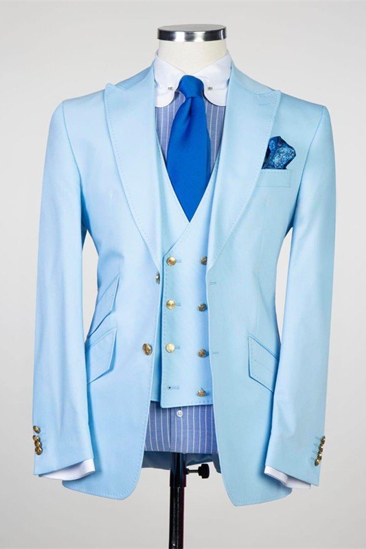 Brian Sky Blue Three Pieces Peaked Lapel Best Fitted Prom Suits for Men