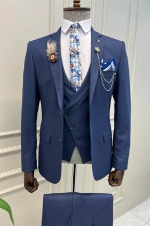 Julian Dark Navy Three Pieces Notched Lapel Stylish Men Suit