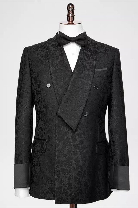 Aidan Black Jacquard Double Breasted Wedding Suit for Men