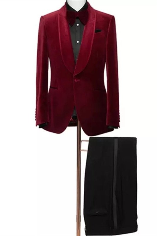 Justin Red Velvet Two Piece Shawl Lapel Slim Fit Wedding Suit