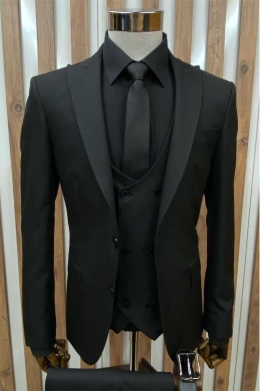 Thomas Simple Black Formal Peaked Lapel Close Fitting Men Suit