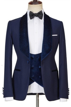 Cameron New Arrival Dark Navy Three Pieces Wedding Suit with Velvet Lapel Cameron New Arrival Dark Navy Three Pieces Wedding Suit with Velvet Lapel