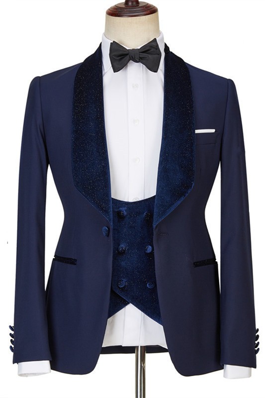 Cameron New Arrival Dark Navy Three Pieces Wedding Suit with Velvet Lapel 