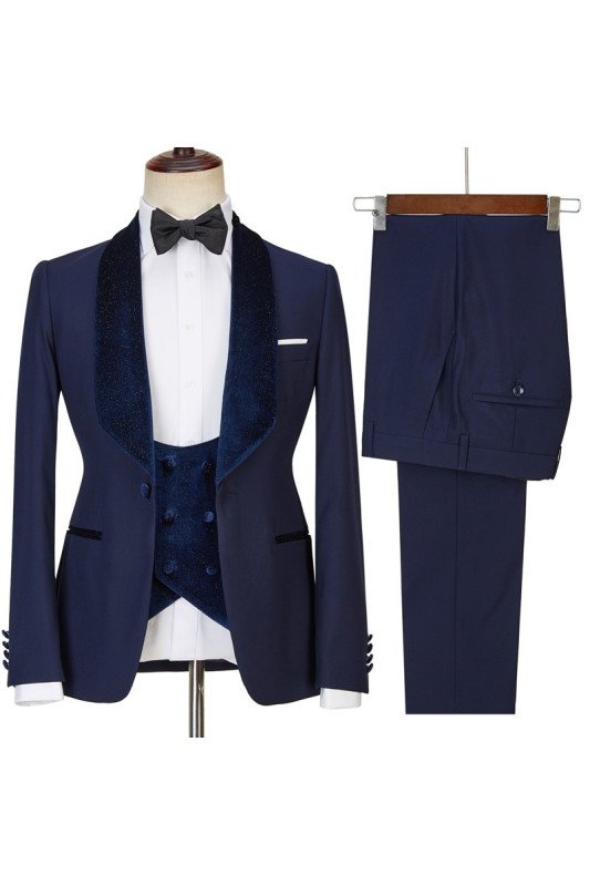 Cameron New Arrival Dark Navy Three Pieces Wedding Suit with Velvet Lapel 