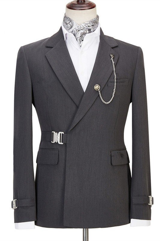 Connor Modern Gray Notched Lapel Slim Fit Prom Suit with Buckle