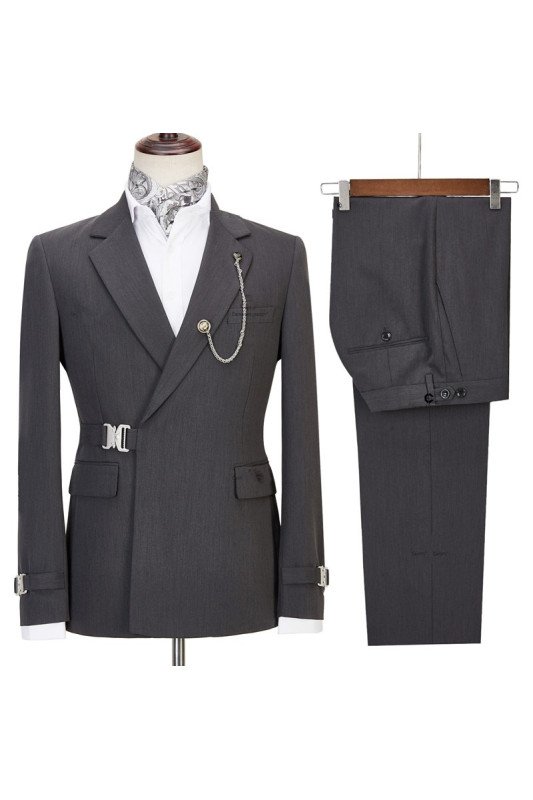Connor Modern Gray Notched Lapel Slim Fit Prom Suit with Buckle